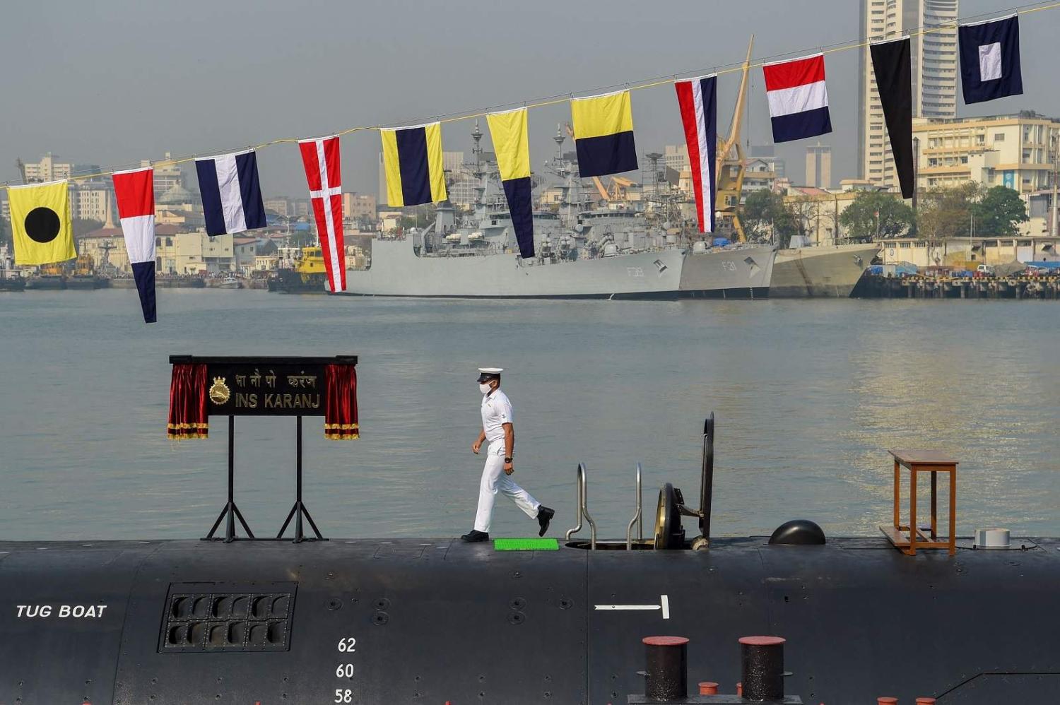 On deck of the Indian Navy’s third Scorpene-Class submarine "Karanj" during its commissioning ceremony, Mumbai, 10 March 2021 (Punit Paranjpe/AFP via Getty Images)