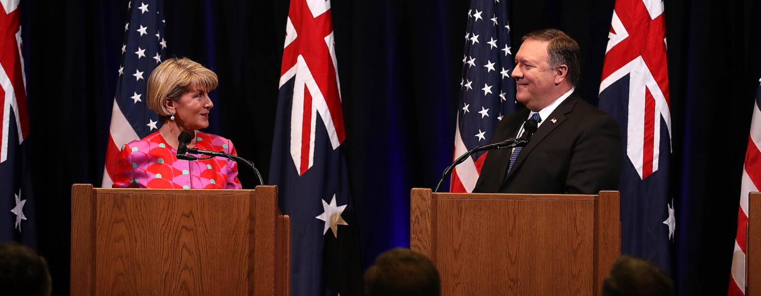 Julie Bishop and Mike Pompeo speak at Standford University in July (Photo: Justin Sullivan/Getty)