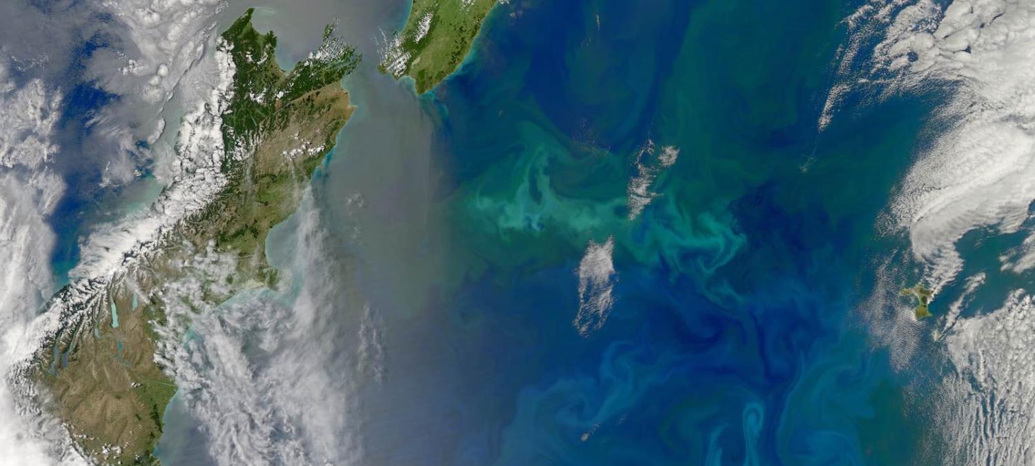 An expansive bloom of phytoplankton traces colourful swirls across the South Pacific Ocean off New Zealand (Photo: NASA Visible Earth)
