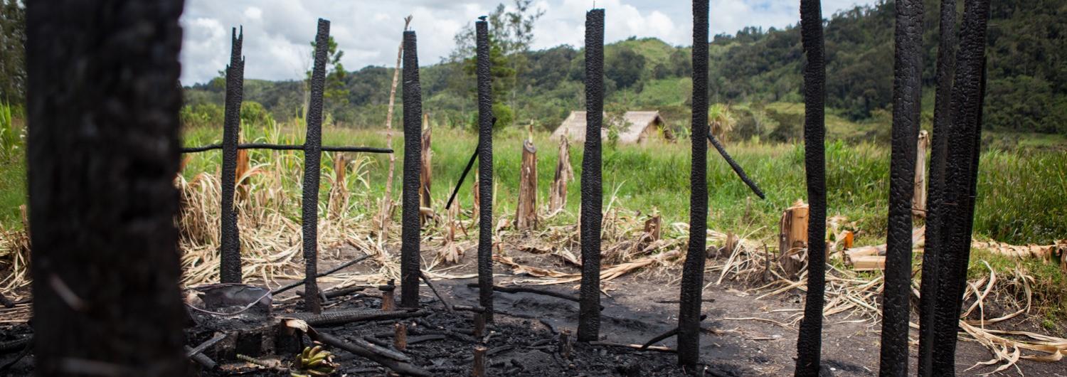 Houses burnt down as part of a tribal fight in Southern Highlands Province, PNG. (Photo: ICRC/Jessie Boylan)