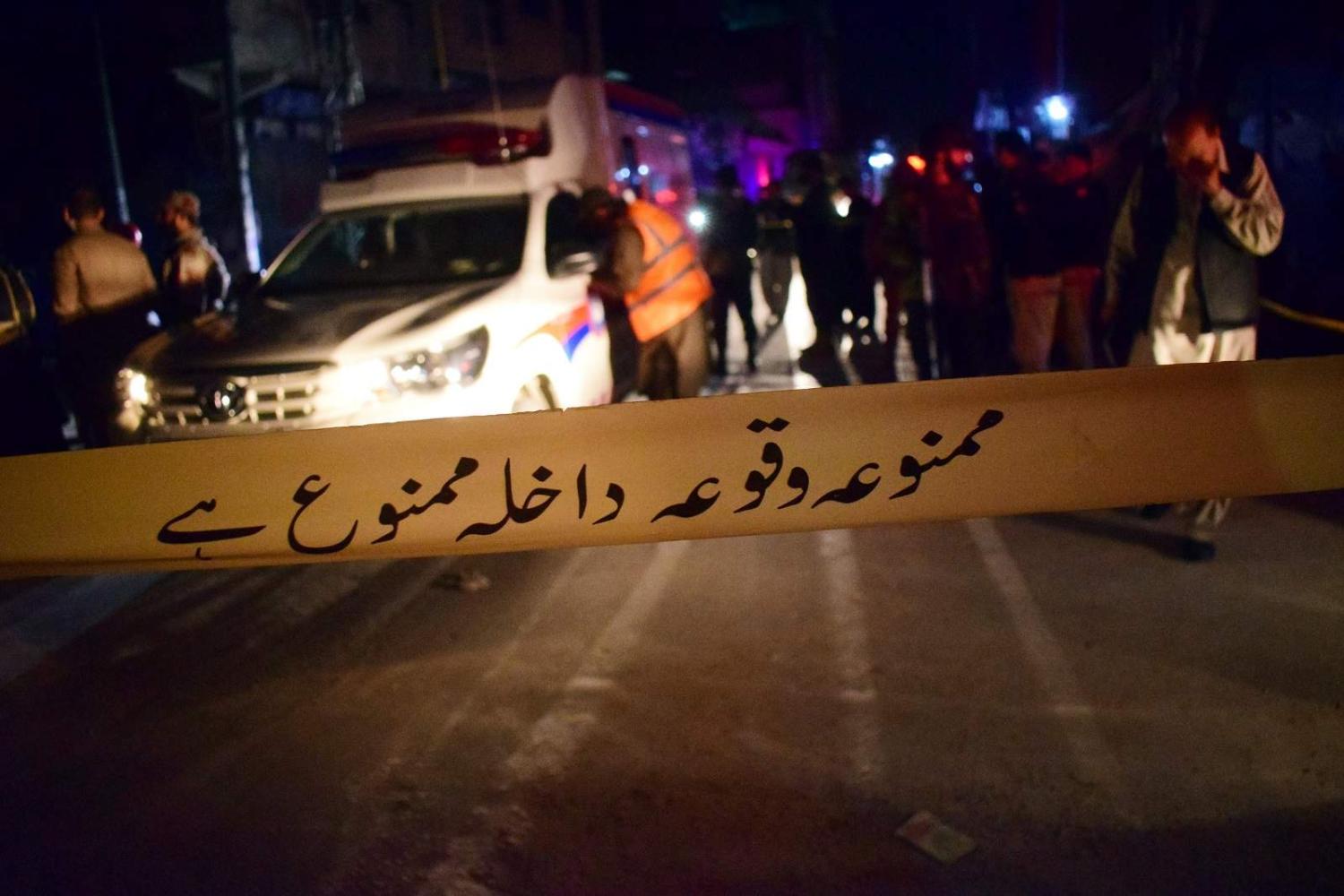 A blast site is cordoned off after a bomb exploded near a police van in Quetta, the capital of Balochistan, on 2 March 2022 (Asad/Xinhua via Getty Images)