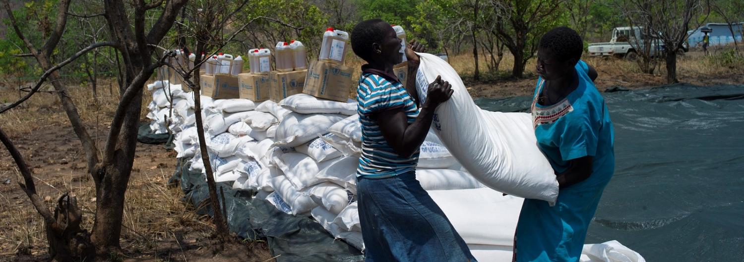 Refugees from South Sudan collect food from a distribution point on 23 February in Imvepi, Uganda (Photo: Dan Kitwood/Getty Images)