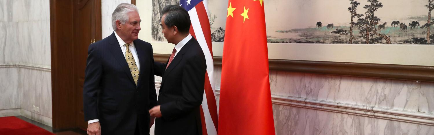US Secretary of State Rex Tillerson with Chinese Foreign Minister Wang Yi in Beijing on 18 March (Photo: Mark Schiefelbein/Getty)