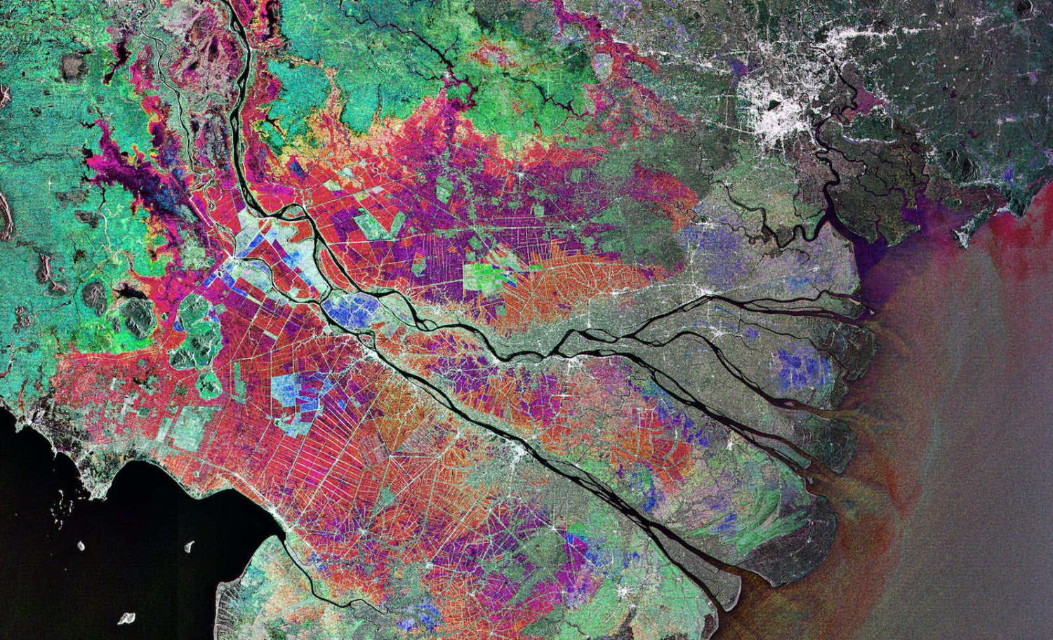 A satellite image of Vietnam’s Mekong Delta, where the Mekong, the world’s 12th longest river, fans out into tributaries and empties into the South China Sea (Envisat/European Space Agency)