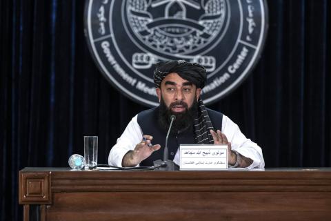 Taliban spokesman Zabihullah Mujahid at a press conference in Kabul on 3 July 2024 following talks in Doha (Wakil Kohsar/AFP via Getty Images)